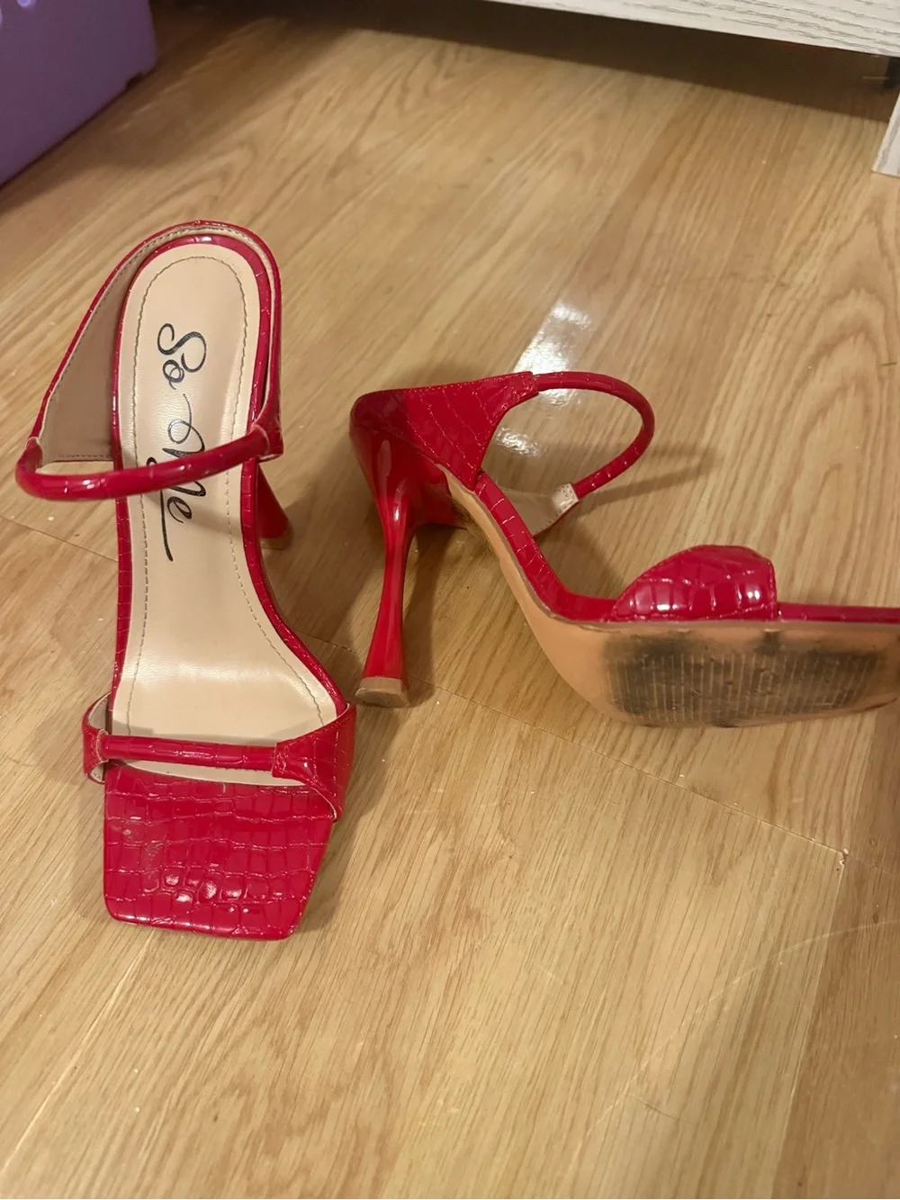 So Me Red Croc-Embossed Square-Toe Strap Heels